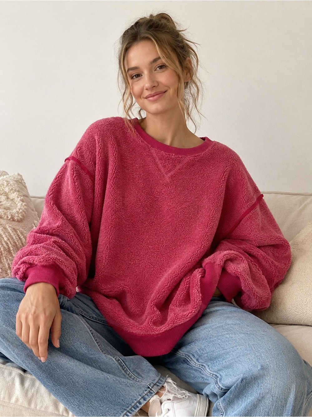 American Eagle Red Fleece This Feels Seriously Huggable Oversized Sweatshirt S